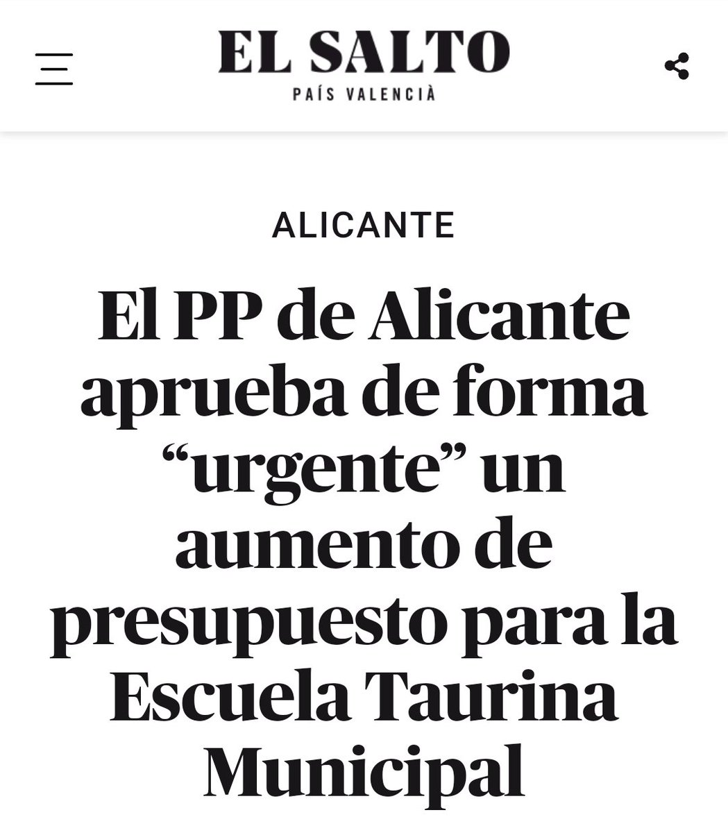 AnimaNaturalis's tweet photo. 🇪🇸🐃 ¡Así utiliza el dinero público el @alicanteayto!

📰 El gobierno de Barcala aprueba un gasto de 105.754,90€ para la escuela taurina como “proyecto educativo”. La Diputación de València, por su parte, gasta un millón para la iluminación de su coso.

👇Noticia:@ElSaltoDiario
