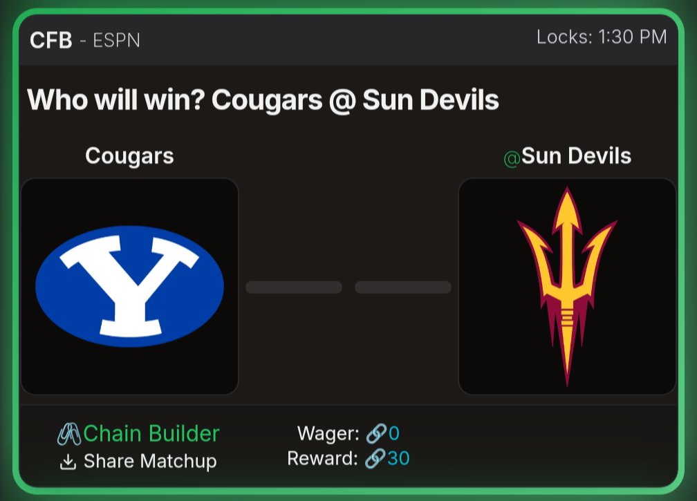 There are a few massive college football games today, but maybe none bigger than the BYU Cougars going down to the desert to play the Arizona State Sun Devils. Pick your winner for free with ChainLink!