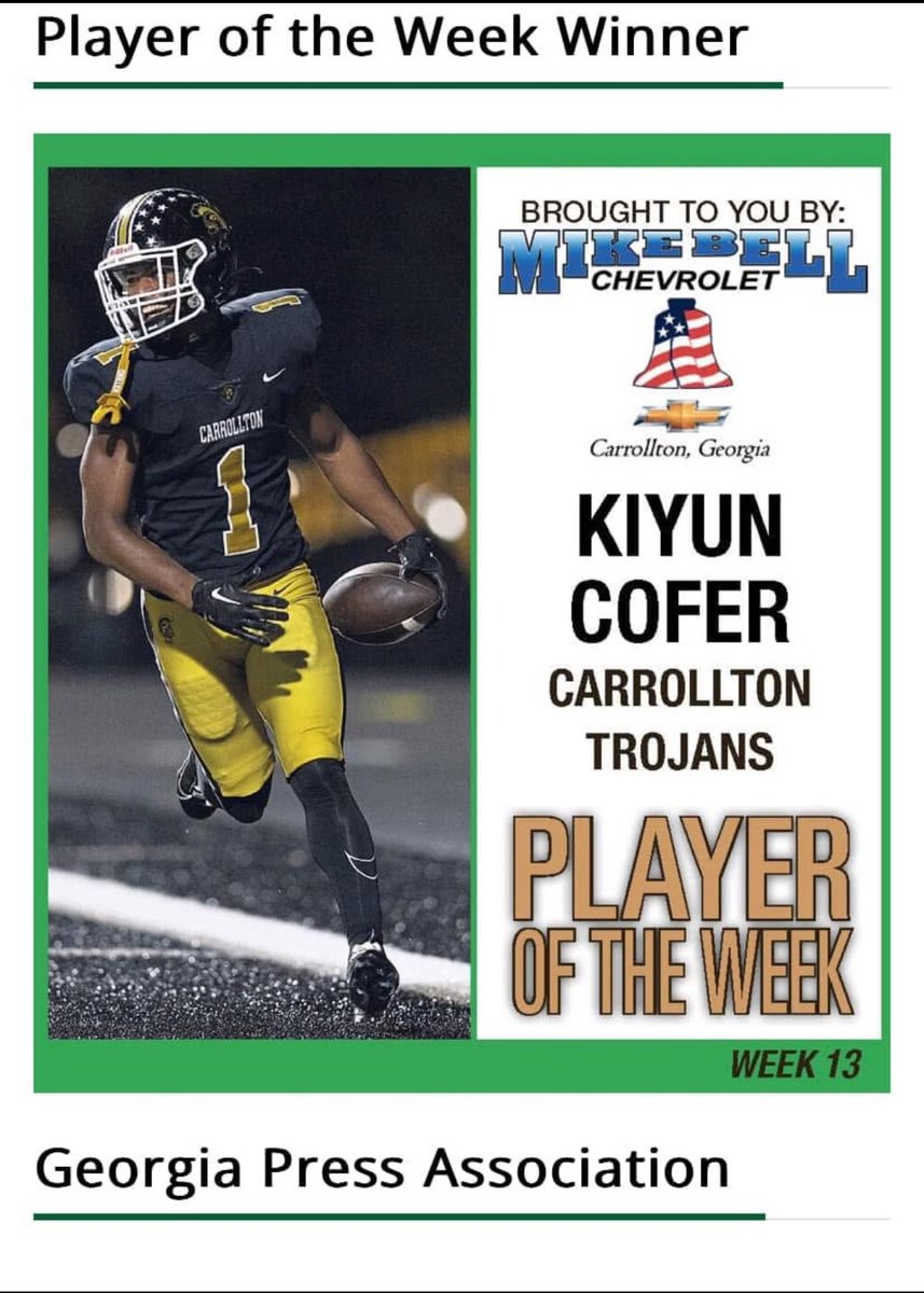 God keep me covered! Carrollton Trojans - WR Kiyun Cofer - Had seven catches for 101 yards and a touchdown in a 46-7 win over Dacula.