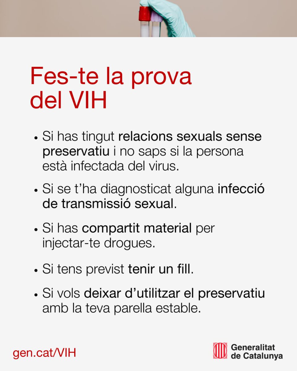 🧒🏻 A Catalunya, un nombre elevat de persones que estan infectades pel VIH i les hepatitis víriques no ho saben.

🧪 Fer-se les proves permet conèixer al més aviat possible si es pateix la infecció i poder beneficiar-se d’un seguiment mèdic.  gen.cat/4fDoRo1