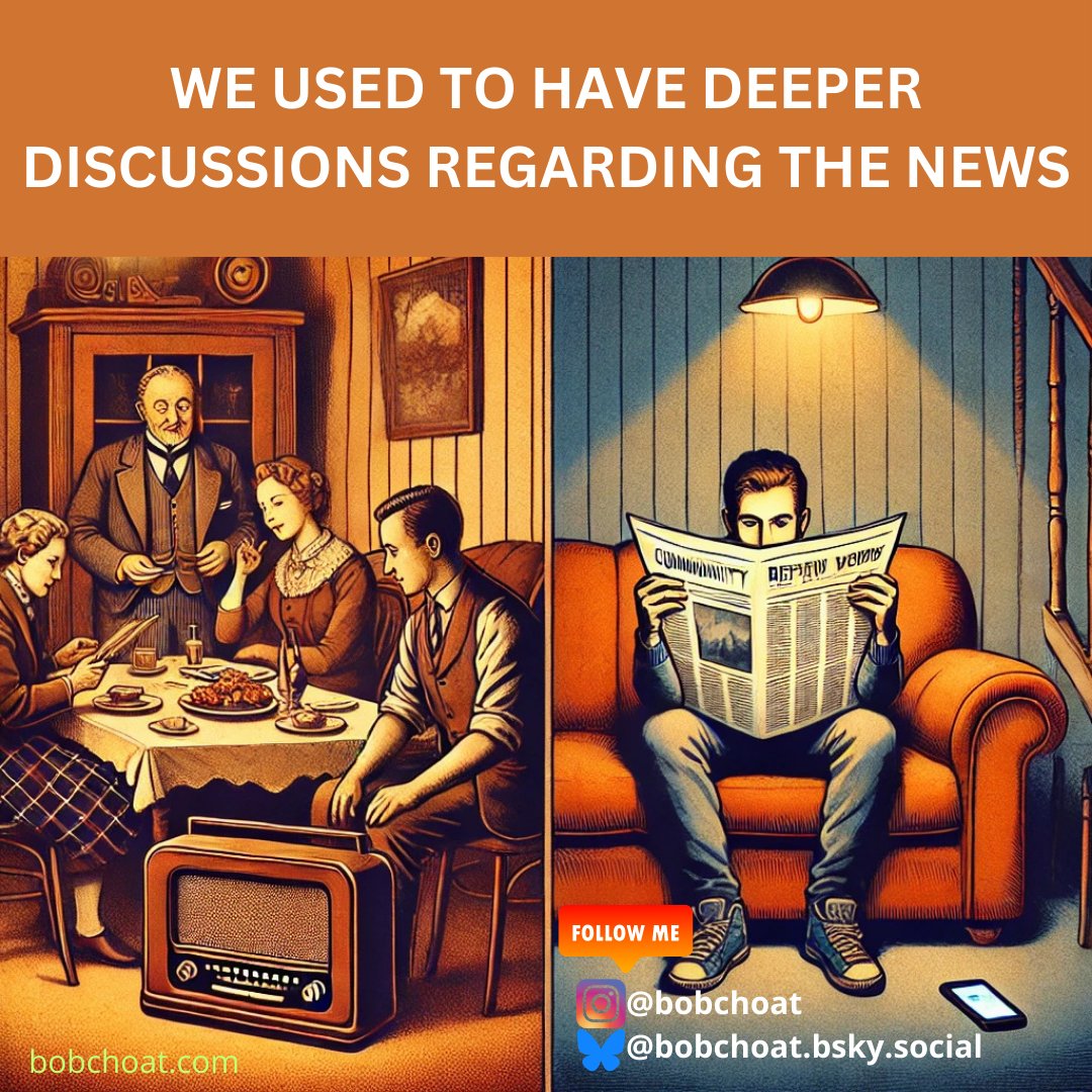 BobChoat's tweet image. Remember when we’d gather to discuss the news after listening on the radio or reading the paper? Now, we scroll alone. What have we gained—and lost—with instant, personalized media? 🤔 Let’s bring back real discussions. #ReflectTogether