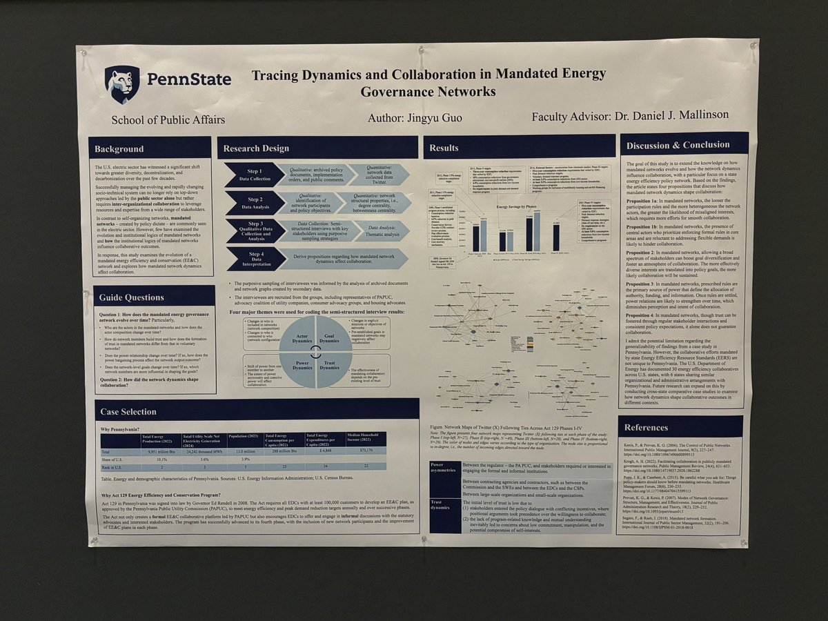 JingyuGuo_Agnes's tweet image. Stop by poster #20 to explore the dynamics of mandated energy efficiency policy networks and how they affect collaboration. This study uses a mixed-methods approach and analyzes insights from key stakeholders involved. #2024APPAM #energy efficiency #network