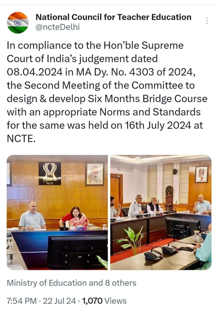 @ncteDelhi द्वारा ट्वीट प्राप्त हुआ था कि मा०सुप्रीम कोर्ट 08.04.2024 डाय. सं०4303/2024 के निर्णय के अनुपालन में, उचित मानदंडों और मानकों के साथ 06 महीने के #ब्रिज_कोर्स को डिजाइन और विकसित करने के लिए बैठक हुई है,अभी तक कोई कार्य नहीं हुआ।
उपरोक्त का शीघ्र अनुपालन करें।🙏