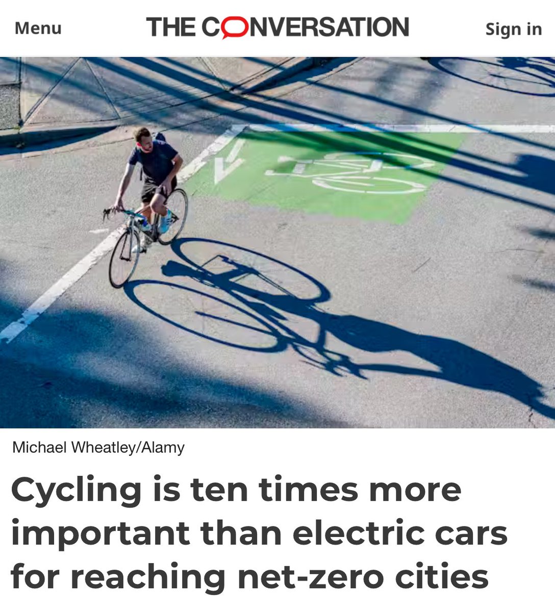 Electric cars won’t save us:

“People who biked on a daily basis had 84% lower carbon emissions from all their daily travel than those who didn’t. […] emissions from biking can be more than 30 times lower than driving a gas car, and 10 times lower than driving an electric car.”