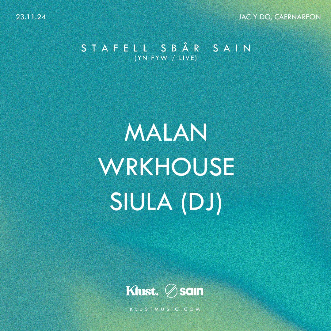Ail noson ein taith Stafell Sbâr <a href="/Sainrecords/">Sain</a> — Heno 🌊

21:00 <a href="/malanfon/">Malan</a> 
20:00 @wrkhouseee 
19:30 <a href="/Siula_x/">Siula</a> 

Last few tix → klustmusic.com