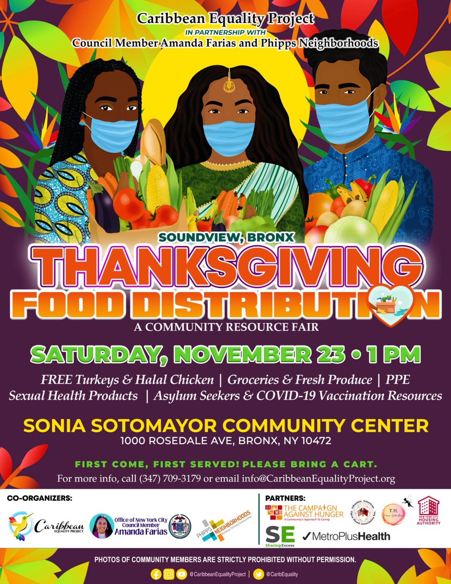 TODAY❗️
Our Annual Thanksgiving 🦃 Food &amp; Essentials Distribution 🍞🧄🥦🍌🍊🥑happens in Soundview, The Bronx❗️

📍Sonia Sotomayor Community Center: 1000 Rosedale Ave. Bronx NY 10472

🕰️1PM

💡Bring a 🛒 or 🛍️

#Tistheseason #FoodJustice #HealingJustice #visibility #empowerment🫶🏽