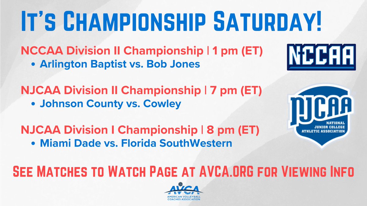 AVCAVolleyball's tweet photo. It is Championship Saturday for the NJCAA and NCCAA! Check out their three finals today.
Watch info: https://t.co/slgmxtqUfu
#WeAreAVCA #njcaa #njcaavolleyball #thenccaa #nccaavolleyball https://t.co/gh5SgXWHQf