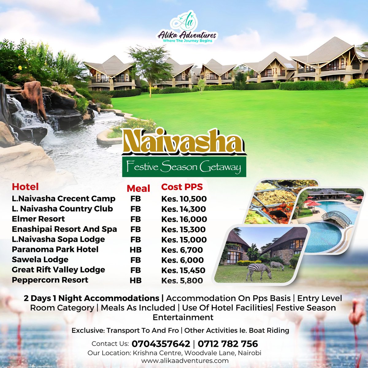 AlikaAdventures's tweet photo. Have started planning your festive season and you are on a budget? Well, we present to you unbeatable deals to #Naivasha, from Kes.5,800 PPS - 2Days 1Night
Contact us: Email reservations@alikaadventures.com
Call/WhatsApp:0704357642/ 0745757252 #Naivasha 
#adventure #kenya #safari https://t.co/byuFW3vsdW