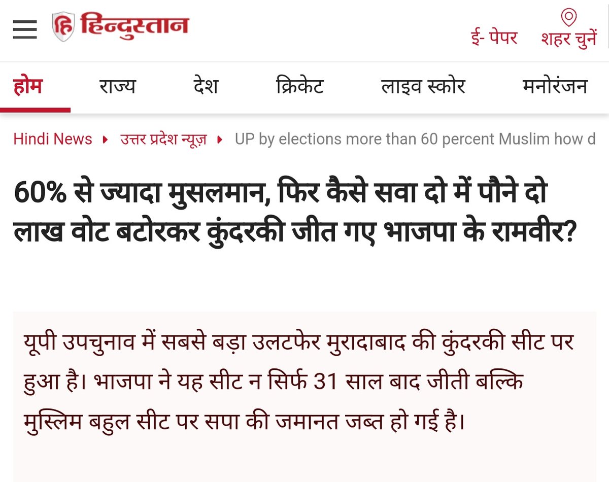 कुंदरकी सीट उत्तरप्रदेश
टोटल 12 उम्मीदवार जिसमें से 11 मुस्लिम
टोटल वोटर लगभग 2 लाख 20 हजार
जिसमें से लगभग 65 प्रतिशत मुस्लिम ओर
भारतीय जनता पार्टी को वोट मिले 1 लाख 70 हजार
कैसे संभव हुआ, क्या मुस्लिमों का सपा कांग्रेस से मोहभंग हो गया और बीजेपी की ओर झुक गए। पूरे देश के इतिहास