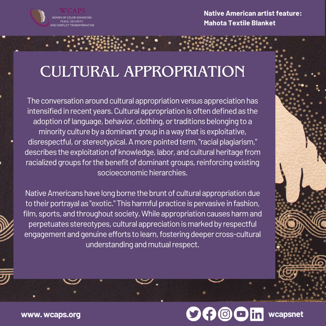 WCAPSnet's tweet image. Cultural appropriation impacts Native Americans year-round—Halloween costumes, Coachella, or brands profiting from Native designs without permission. Here's a quick look at its effects on Native communities & how to do better.
#WCAPS #NativeAmericanHeritageMonth #IndigenousPride
