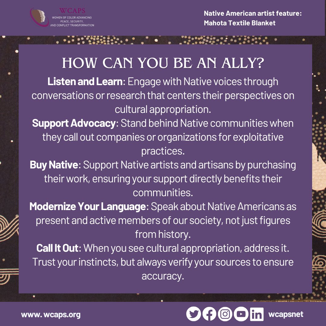 WCAPSnet's tweet image. Cultural appropriation impacts Native Americans year-round—Halloween costumes, Coachella, or brands profiting from Native designs without permission. Here's a quick look at its effects on Native communities & how to do better.
#WCAPS #NativeAmericanHeritageMonth #IndigenousPride