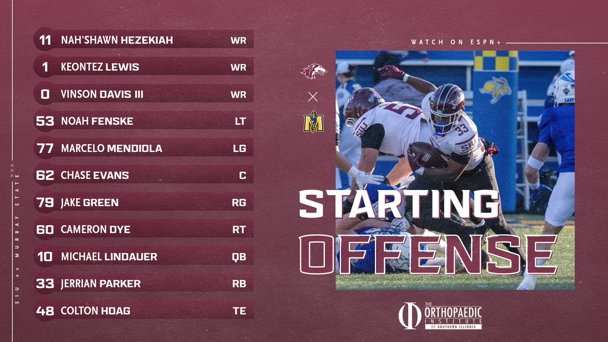 SIU_Football's tweet photo. Here’s how the Salukis line up against the Racers! ⬇️

#Salukis | #RunWithUs https://t.co/OAIrnT752h
