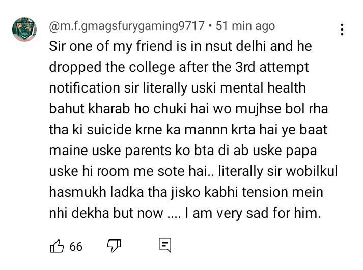 72900Introvert's tweet photo. Their decision had destroyed our life in every manner. 😭🙏
Helpless, hopeless, depressed! 
But who cares!💔
@Director_IITK @IITKanpur @iitbombay @agrawalmanindra @mohittyagi @PhysicswallahAP @ThePradeepRawat @anubha1812
@TheLallantop @aajtak #restore3rdAttempt 
#jeeadvanced2025 https://t.co/7IAYcjdwB3