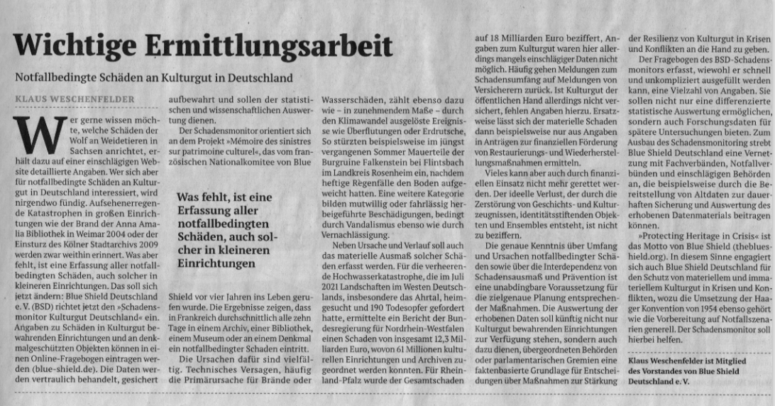 Ermittlungsarbeit pur. Fast kriminalistisch. Es geht um Feuer, Sturm und Vandalismus. Dr. Klaus Weschenfelder, unser Mitglied, Schatzmeister und Leiter der AG Schadensmonitor, berichtet in der neuen Politik und Kultur, 11/2024, S. 21 über unseren Schadensmonitor.