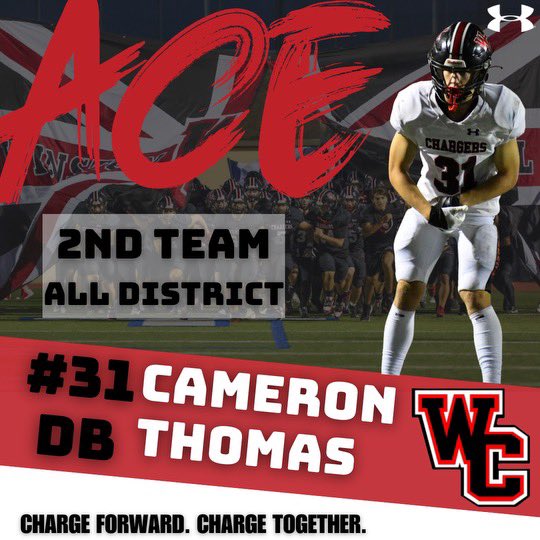 Congratulations to Junior Cameron Thomas being selected as 2nd Team All District for the 2024 season. #ChargeForward #ChargeTogether #WC 👌🏼