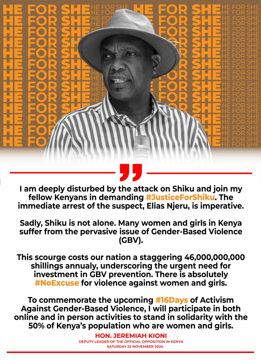 PulseLiveKenya's tweet photo. I am deeply disturbed by the attack of Shiku and join my fellow Kenyans in demanding #JusticeForShiku-Hon Jeremiah Kioni
#PulseNews #PulseUpdateMe https://t.co/TavNF4eTMP