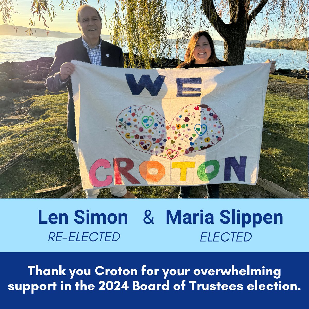 CrotonDems's tweet photo. On November 22, 2024, the Board of Elections announced that the Democratic candidates for Croton Trustee Maria Slippen and Len Simon received more than 66% of the vote in the 2024 election. Thank you to the Croton community for your overwhelming support! https://t.co/KOeXPcw85A