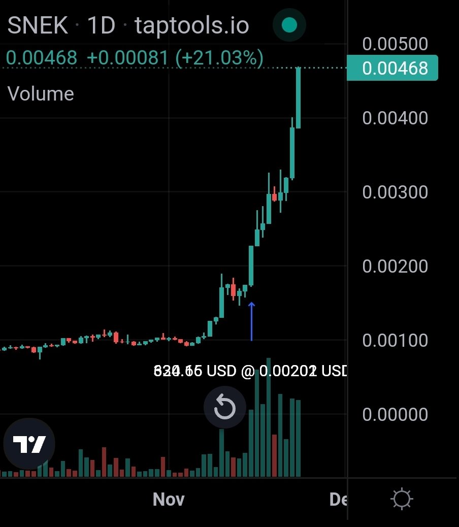 The $SNEK/$USD chart is super impressive. It speaks volumes about <a href="/snek/">Snek 🐍</a> holders and its potential in 2025. 

When I realized that no ADA pump was going to tempt these crazy Snek holders a couple of weeks ago (better late than never), I treated myself to some more. #NFA