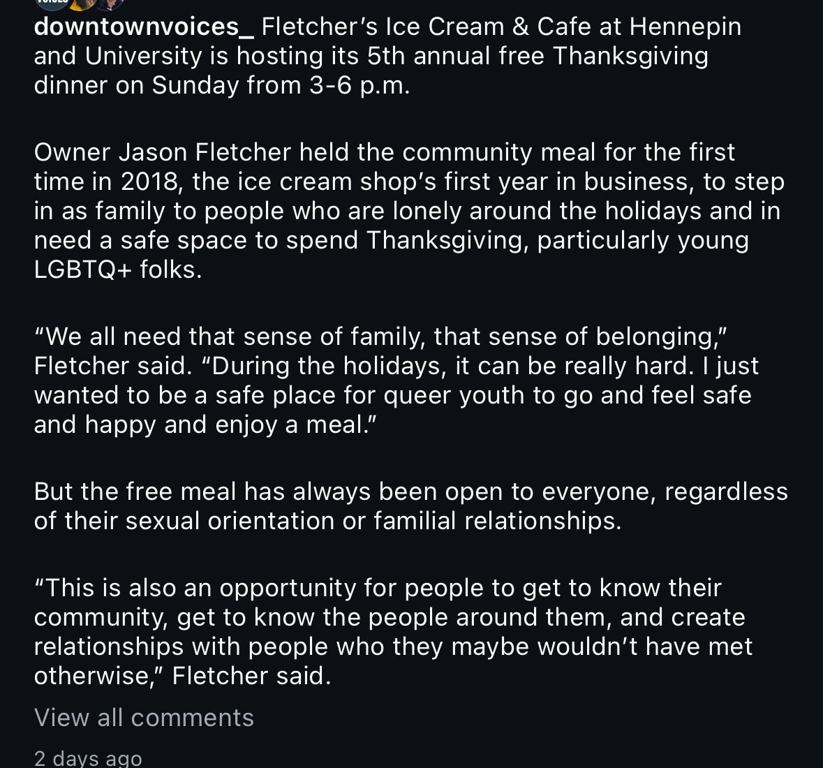 taylr (@taylr) on Twitter photo fletcher’s ice cream on east hennepin are doing their 5th annual free thanksgiving dinner tomorrow 3-6pm. via <a href="/DowntownVoices_/">Downtown Voices</a> IG fletcher’s ice cream on east hennepin are doing their 5th annual free thanksgiving dinner tomorrow 3-6pm. via <a href="/DowntownVoices_/">Downtown Voices</a> IG