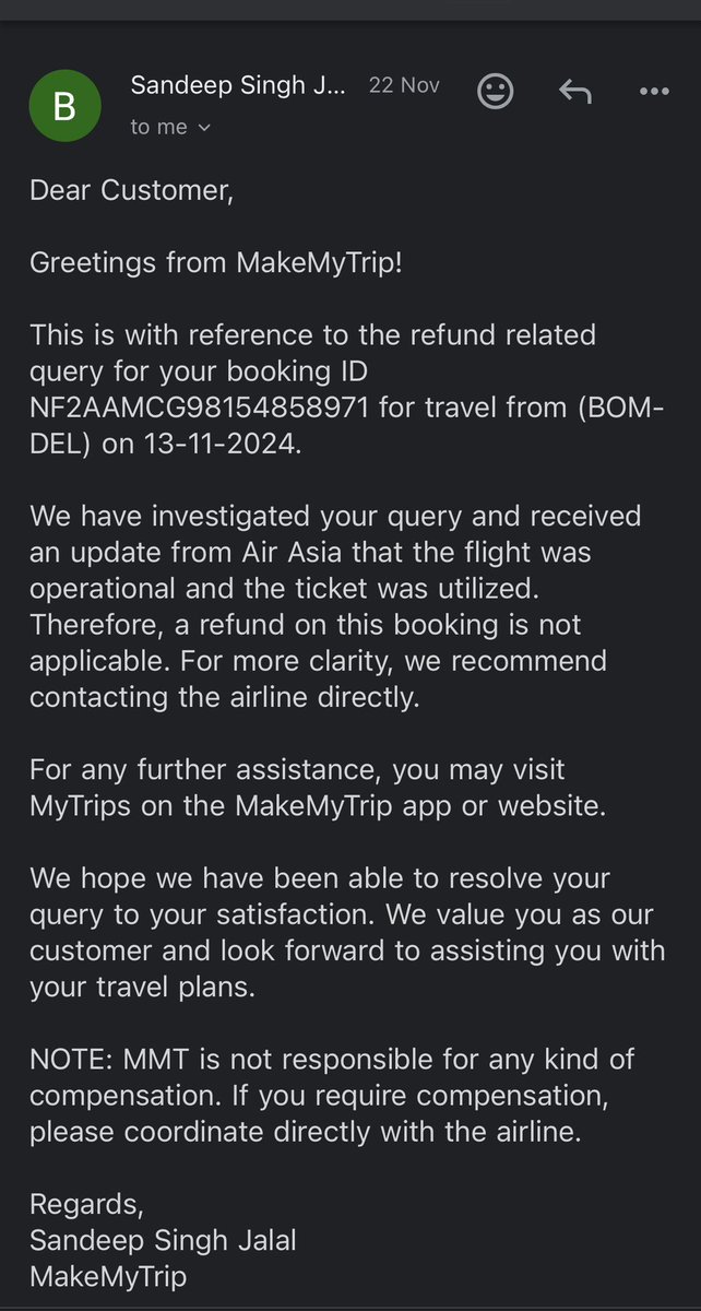 snehamtr's tweet photo. @airindia Hi team - if you could look into this then probably could be a better way to resolve matters here. Also, @makemytrip Request you to please ask the staff to atleast be careful about getting in touch with the right airlines and if so, mentioning the same over a formal email. https://t.co/izv1TDZKbz