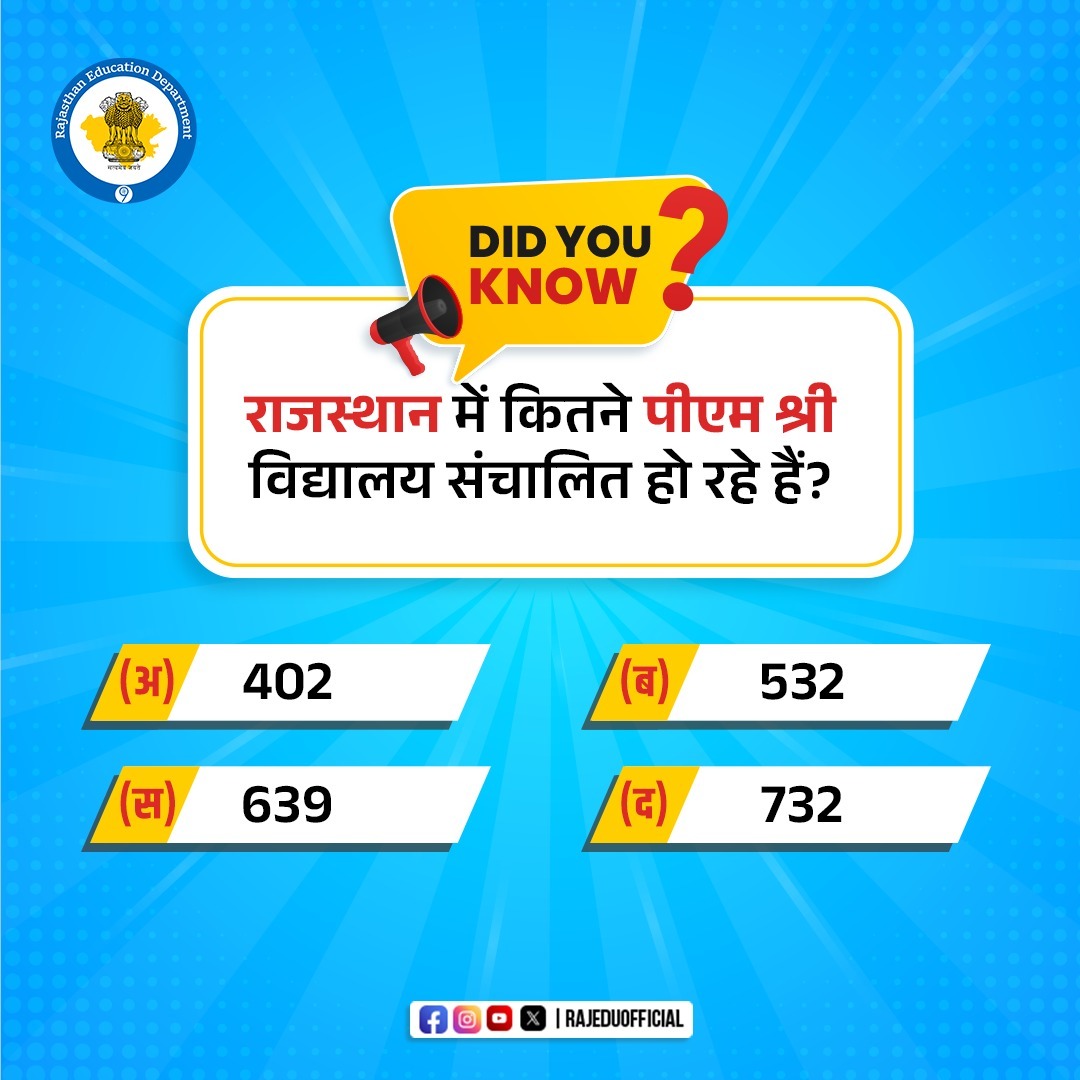 क्या आप जानते हैं कि राजस्थान में कितने पीएम श्री विद्यालय संचालित हो रहे हैं?
जवाब कमेंट करके दें।

#RajasthanEducationPoll #RajasthanEducationDepartment #Quiz #Poll