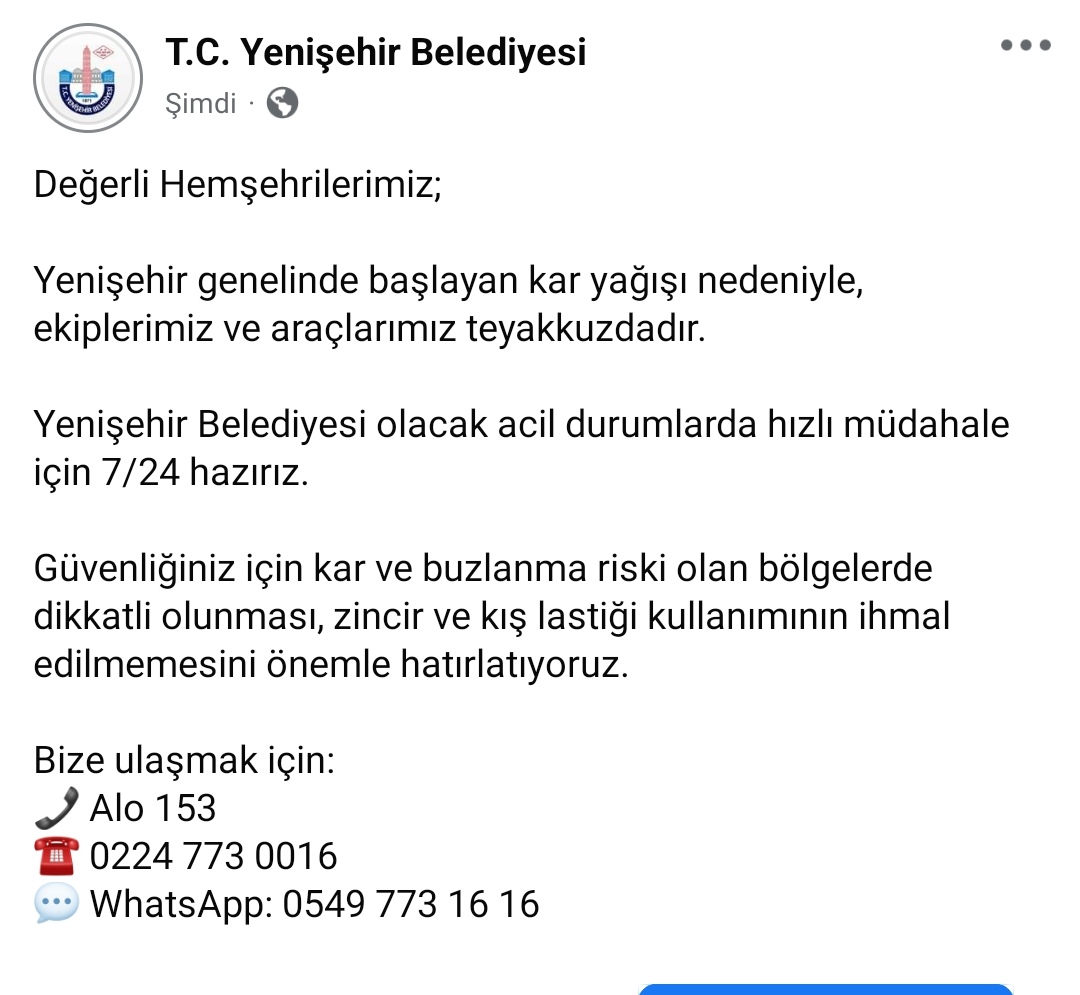 Güvenliğiniz için kar ve buzlanma riski olan bölgelerde dikkatli olunması, zincir ve kış lastiği kullanımının ihmal edilmemesini önemle hatırlatıyoruz.

Bize ulaşmak için:
📞 Alo 153
☎ 0224 773 0016
💬 WhatsApp: 0549 773 16 16