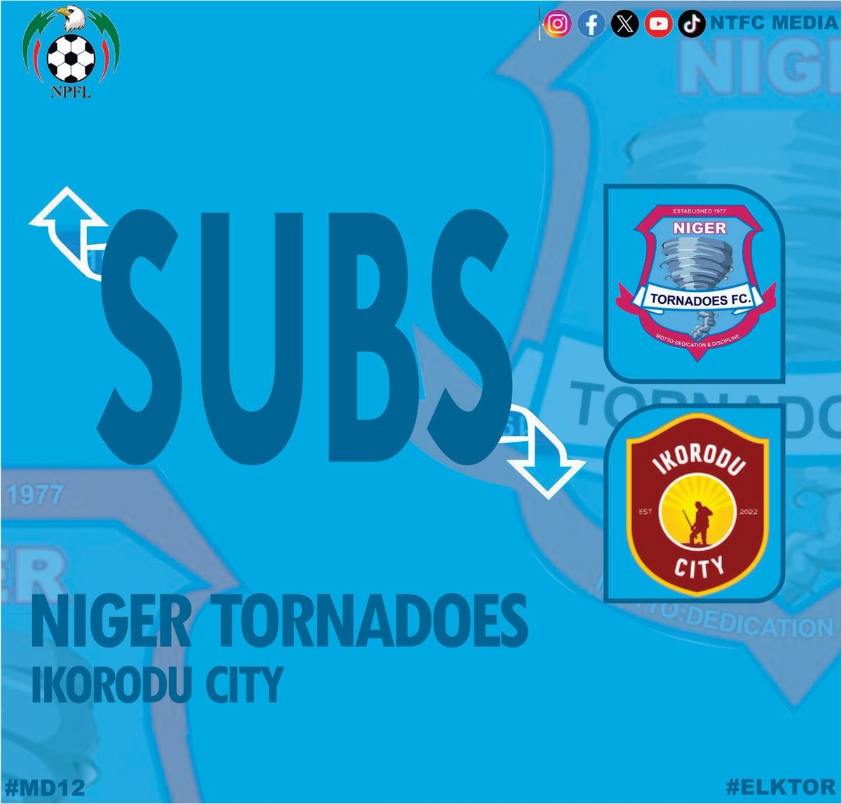 NigerTornadoes's tweet photo. ⏰65'|
SUB↔️

↪️Olawale Emmanuel 
↩️ Abdulrasheed Shehu Dabai

Niger Tornadoes 🔴 0-0 🟠 Ikorodu City 

#NPFL25 || #TORIKO || #MD133 https://t.co/kfWBV9ND8c