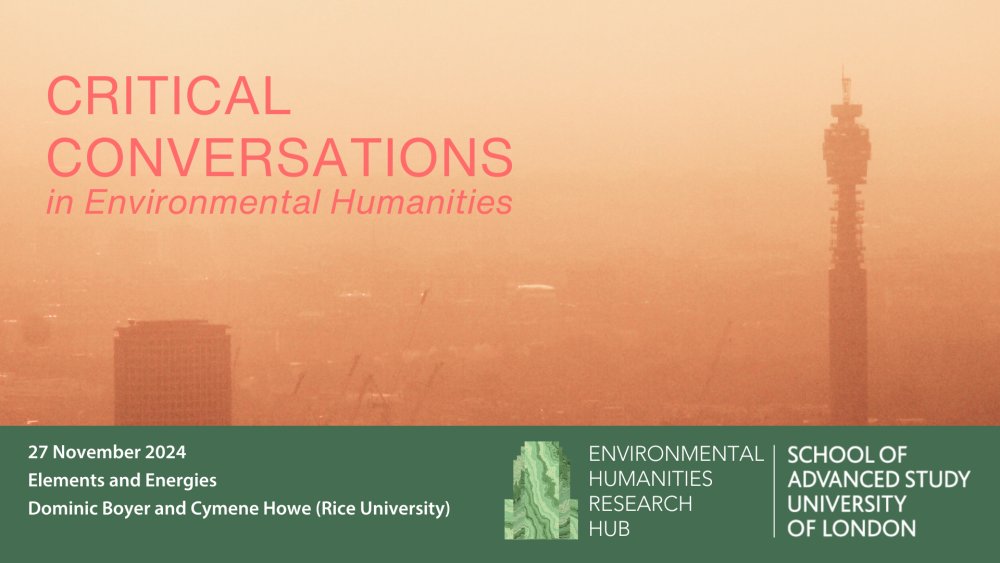 Join us Wed., Nov. 27, 4–5 pm (UK time) for the next Critical Conversations in Environmental Humanities series: “Elements and Energies” w/ <a href="/CymeneHowe/">Cymene Howe</a> &amp; <a href="/DominicBoyer/">ⒹⓞⓜⓘⓝⓘⓒⒷⓞⓨⓔⓡ</a> (<a href="/RiceUniversity/">Rice University</a>). Co-organized w/ <a href="/jpinheirodias/">Jamille Pinheiro Dias</a>. Register for Zoom link: sas.ac.uk/news-events/ev…