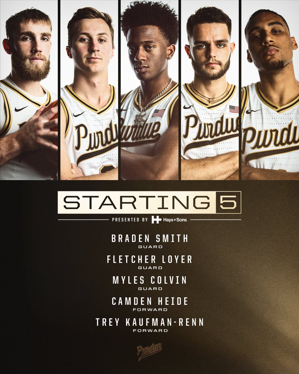 BoilerBall's tweet photo. The Purdue 🖐️. 

F | Trey Kaufman-Renn
F | Camden Heide
G | Fletcher Loyer
G | Braden Smith
G | Myles Colvin 

👉 First career starts for Heide &amp; Colvin. https://t.co/jwugPPaZNi