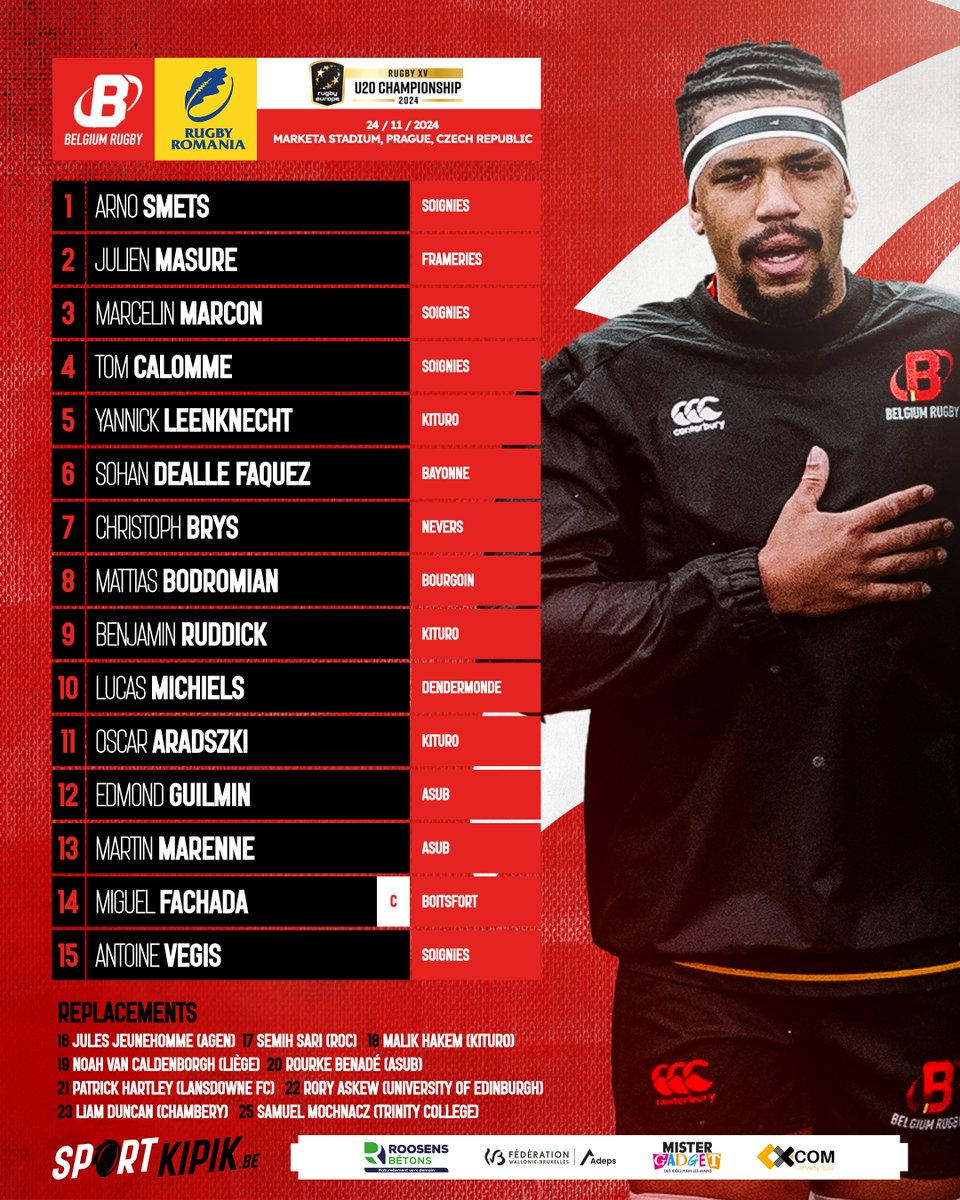 𝐁𝐞𝐥𝐠𝐢𝐪𝐮𝐞 𝐔𝟐𝟎 🇧🇪 ⚔️ 𝐑𝐨𝐮𝐦𝐚𝐧𝐢𝐞 𝐔𝟐𝟎 🇷🇴 La compo de l'équipe belge pour la petite finale du Championnat d'Europe U20 ce dimanche 24/11 (16h).