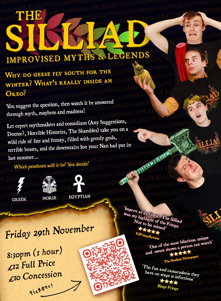 The Silliad (@thesilliad) on Twitter photo Why do geese fly south for the winter? What's really inside an Oreo? You suggest the question, then watch it be answered through myth, mayhem and madness!
🗓️ 29th Nov
📍<a href="/ORLTheatre/">Old Red Lion Theatre</a>
⏰ 8:30pm
🎟️ oldredliontheatre.co.uk/the-silliad.ht… Why do geese fly south for the winter? What's really inside an Oreo? You suggest the question, then watch it be answered through myth, mayhem and madness!
🗓️ 29th Nov
📍<a href="/ORLTheatre/">Old Red Lion Theatre</a>
⏰ 8:30pm
🎟️ oldredliontheatre.co.uk/the-silliad.ht…