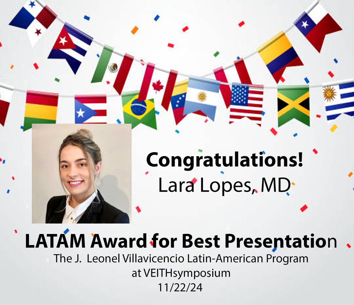 Karen J. Ho, MD (@karenholab) on Twitter photo Congratulations to <a href="/LaraLopesMD/">Lara Lopes, MD</a> who won the LATAM Award for her presentation on a 10-year analysis of AAA repair in Brazil at The J. Leonel Villavicencio Latin-American Program at VEITHsymposium!
<a href="/DrTulioNavarro/">Tulio Navarro</a> <a href="/SaieeshRao/">Saieesh Rao</a> <a href="/NMSurgery/">Northwestern Surgery</a> <a href="/VEITHsymposium/">VEITHsymposium</a> Congratulations to <a href="/LaraLopesMD/">Lara Lopes, MD</a> who won the LATAM Award for her presentation on a 10-year analysis of AAA repair in Brazil at The J. Leonel Villavicencio Latin-American Program at VEITHsymposium!
<a href="/DrTulioNavarro/">Tulio Navarro</a> <a href="/SaieeshRao/">Saieesh Rao</a> <a href="/NMSurgery/">Northwestern Surgery</a> <a href="/VEITHsymposium/">VEITHsymposium</a>