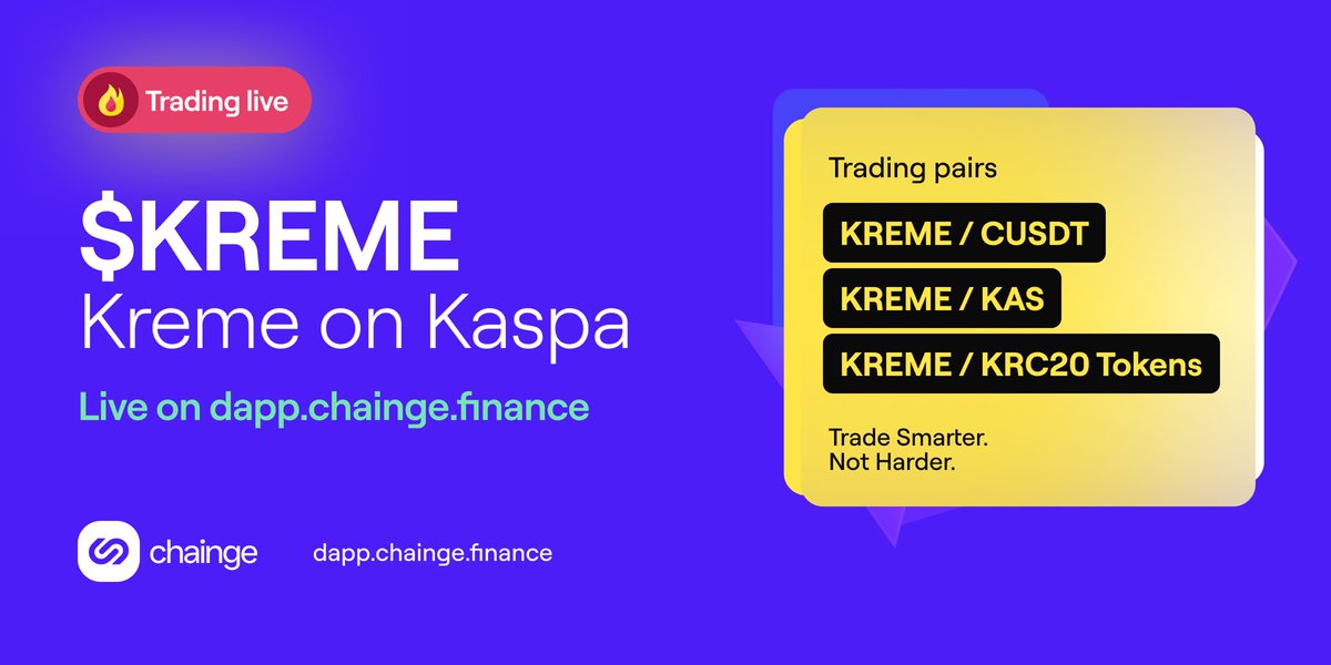 FinanceChainge's tweet photo. Thrilled to announce a new #KRC20 token is available for trading on https://t.co/qdQ9djBHwV!

You can now buy & sell $KREME with $CUSDT, $KAS or ANY listed KRC20 token

Check out the waiting list at https://t.co/lrVUHF6TFz and add liquidity to support KRC20 token listings!
