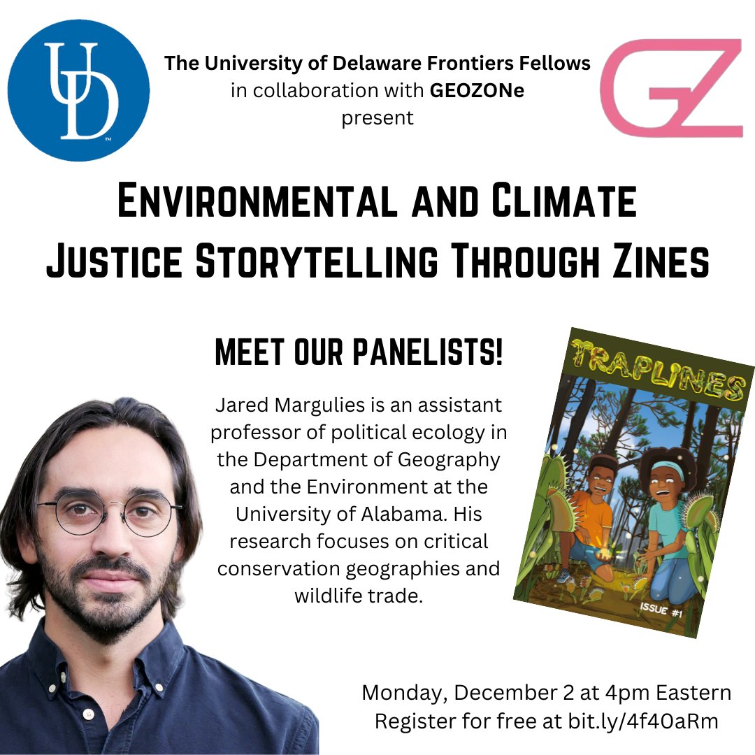 Join us 12/2 at 4pm Eastern for an online panel on "Environmental and Climate Justice Storytelling Thru Zines!" Meet our panelists! Dr. Margulies is a political ecologist putting out cool zines and comics about race, borders &amp; plants! Register: bit.ly/4f40aRm