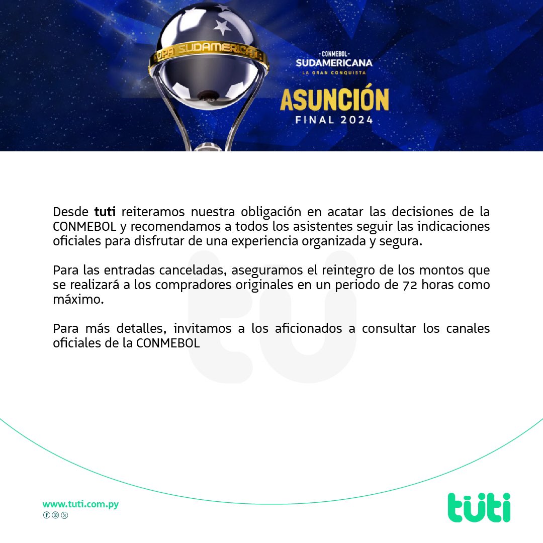 🎟️ ¡Todo listo para la Gran Final de la CONMEBOL Sudamericana! 🏆⚽

Desde tuti, como ticketera oficial, te recordamos las disposiciones clave de la CONMEBOL para el acceso al estadio ueno La Nueva Olla, este sábado 23 de noviembre a las 17:00 en Asunción