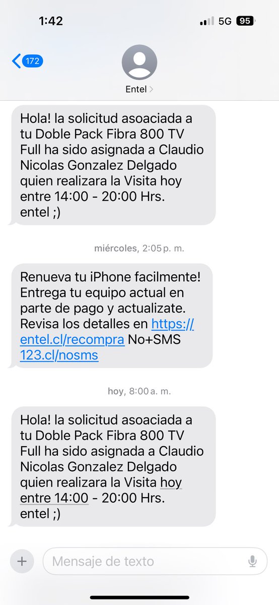 barbtwin's tweet photo. @entel @subtel_chile segunda vez que el técnico llega sin avisar y me dice que en la semana trabajan hasta las 18 y los sábados hasta las 14 ¿porque me llega este mensaje que dice que es hasta las 20???? https://t.co/mZ6YPvpSRe