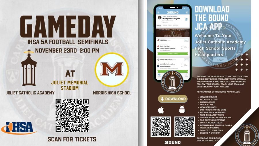 IHSA Class 5A State Semifinal:

Joliet Catholic vs. Morris

At Joliet Memorial Stadium

Livestream >> nfhsnetwork.com/events/joliet-…

Radio >> 1340 AM WJOL Will County's News Talk Sports <a href="/1340WJOL/">WJOL News</a> 

Tickets >> $9 

gofan.co/event/2280044

#GoHill