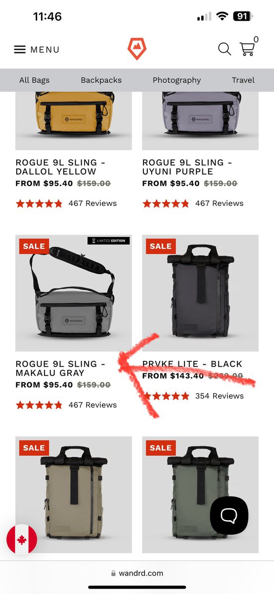 BWhitmorePhoto's tweet photo. @wandrdgear Hey WANDRD! For your Black Friday sale you list two discounted prices for the ROGUE Sling 9L on your website (see photos). Can you please explain? These are Canadian prices. https://t.co/76hcnZizH1