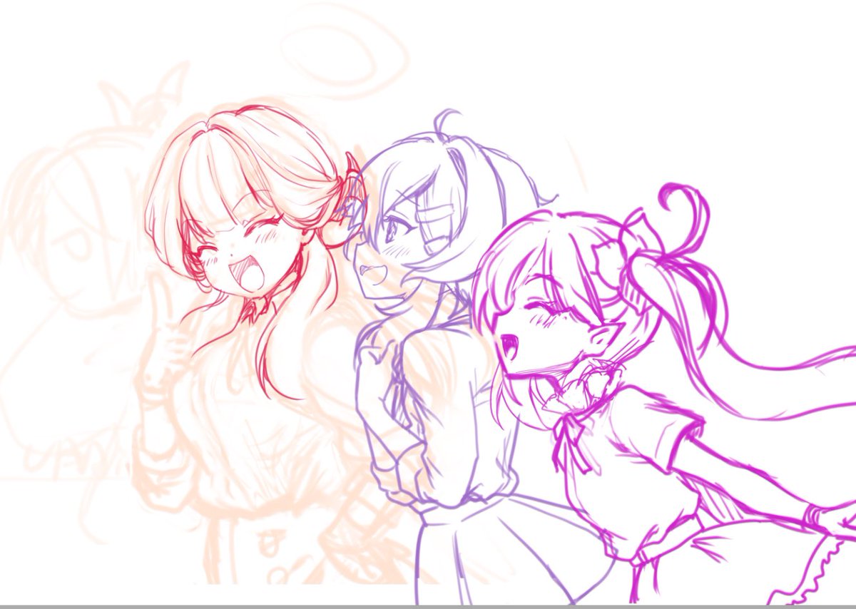 冬コミ用のイラスト進捗　ラフ→下書き
アルちゃんの目つぶっちゃっていいものか迷ったけどこのイラストではなんか楽しそうな4人を描きたいのでとりあえずこんな感じで…