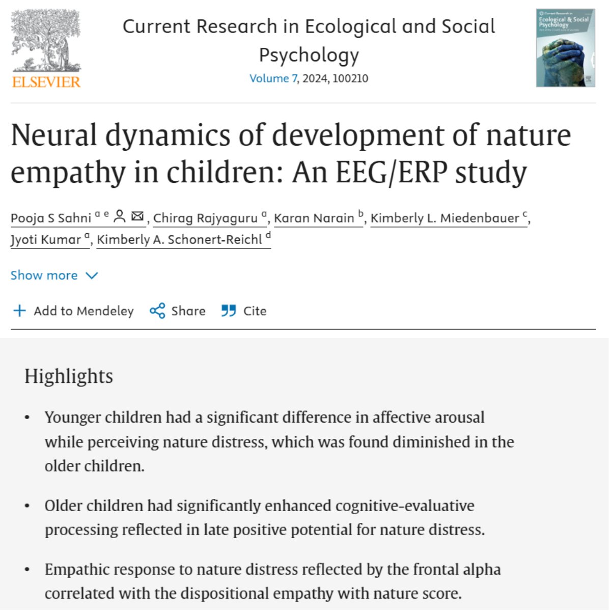 PoojaSwamiSahni's tweet photo. Pooja Sahni
Our recently published study gives insights  to neural dynamics of #NatureEmpathy and highlights the role of #GreeningEducation  for #SDGs https://t.co/LWyCsiJJ8J… #VarelaGrant https://t.co/GR61j9NVHS