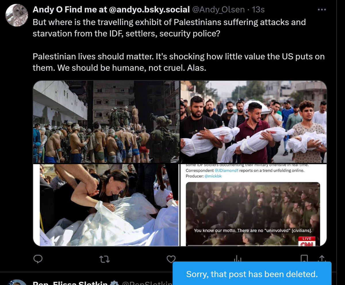Andy_Olsen's tweet image. This (mild) post to a new Senator about suffering inflicted on the Palestinian was immediately deleted by Xitter. 

#BlockMusk