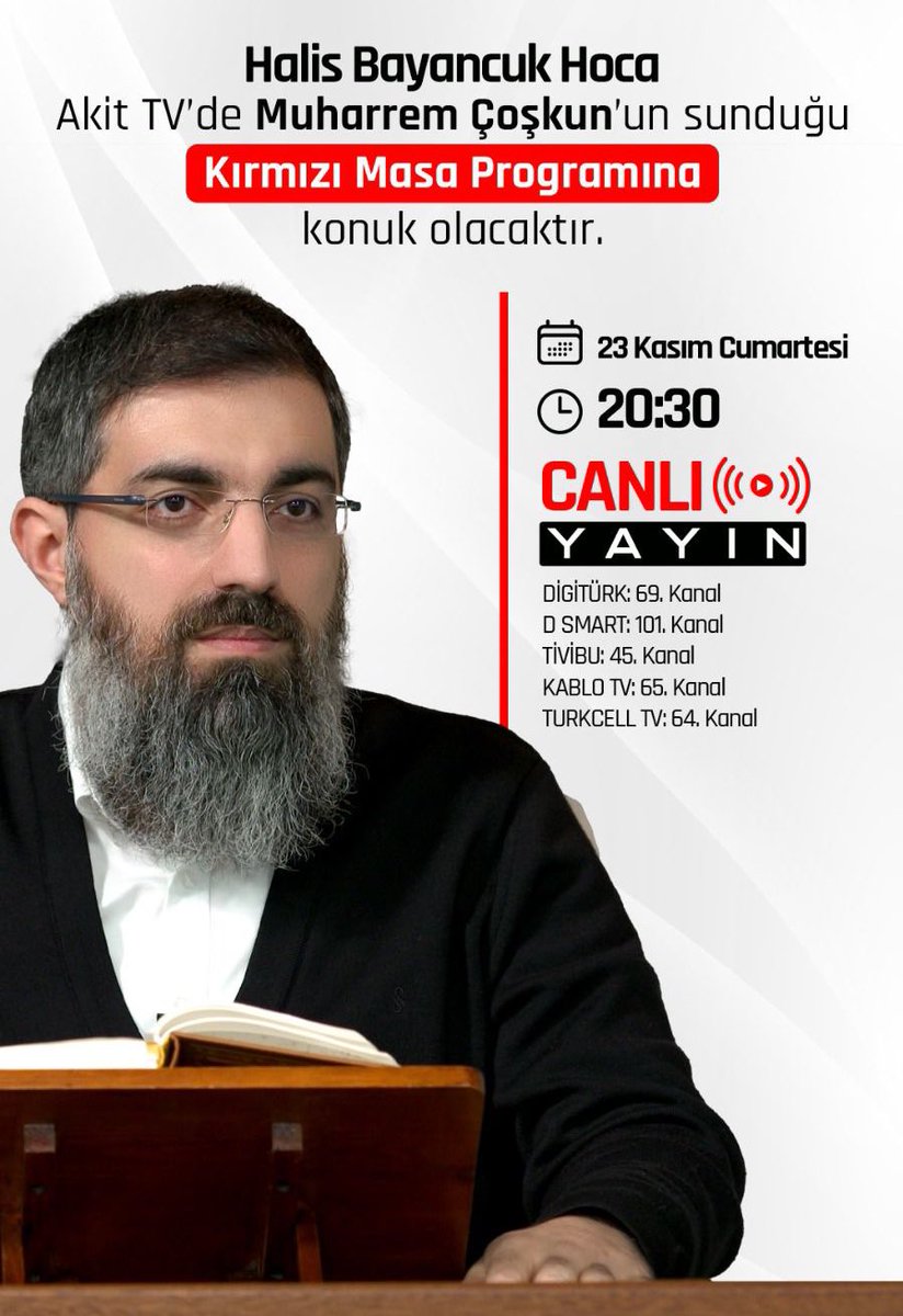 #KırmızıMasa programında Muharrem Coşkun soracak, Halis Bayancuk Hoca hakkındaki iddialara ve kendisi hakkında merak edilen birçok soruya cevap verecek.

⏰ 20:30
📺 Akit TV