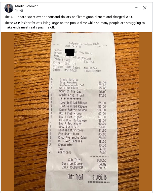 CalgaryOccupy's tweet photo. ~WTF?? The Alberta Energy Regulator Board spent over $1000 of TAX PAYER DOLLARS ON FILET MIGNON DINNERS!! https://t.co/MaU9qTrENJ
