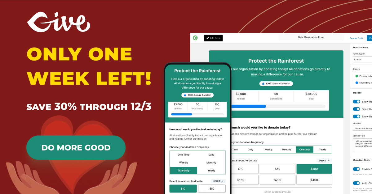 🗓️ We are just one week away from the end of our sale! There’s still time to save 30% on any GiveWP Pricing Plan. 

Get yours now ⬇️
go.givewp.com/dmg
