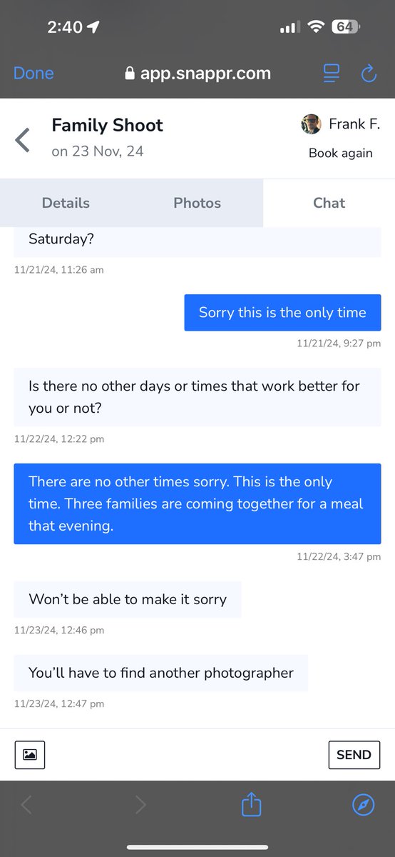 gregwong's tweet photo. @snappr_com first time experience trying to book and Frank our photographer cancels 3 hours before the shoot. Horrible. https://t.co/YW2OjK3rQO