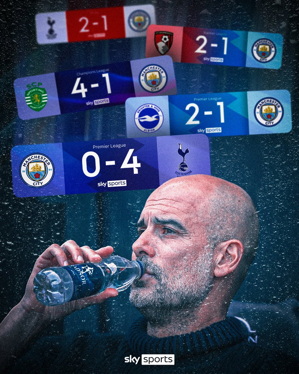 SkySportsPL's tweet photo. For the first time ever in his career, Pep Guardiola has now lost FIVE consecutive games... 😳📉 https://t.co/kZzobqLezS