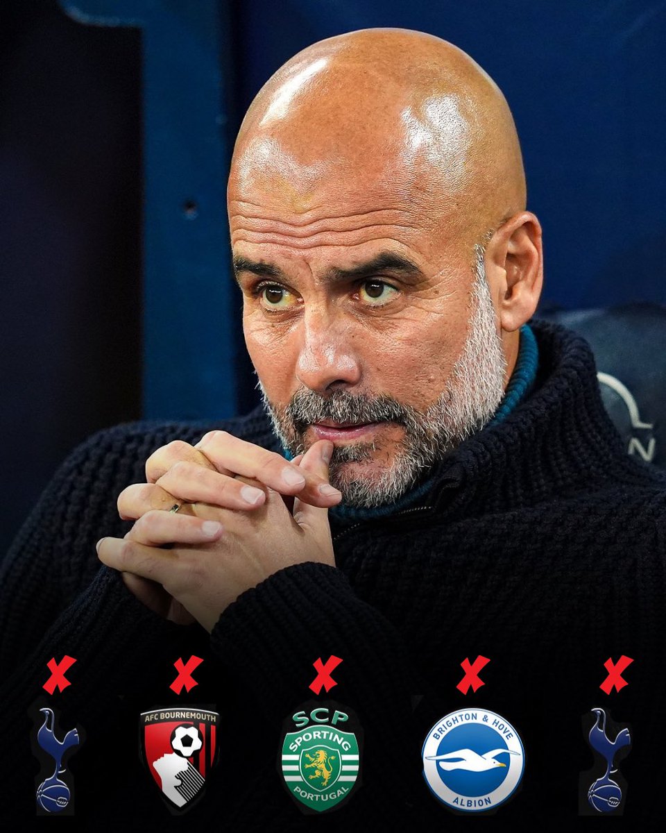 the_podkat's tweet photo. Pep Guardialo’s Man City have now lost 5 consecutive games. Relegation form. 😬

❌ 2-1 loss to Tottenham
❌ 2-1 loss to Bournemouth 
❌ 4-1 loss to Sporting
❌ 2-1 loss to Brighton
❌ 4-0 loss to Tottenham https://t.co/qSd6orEcrB