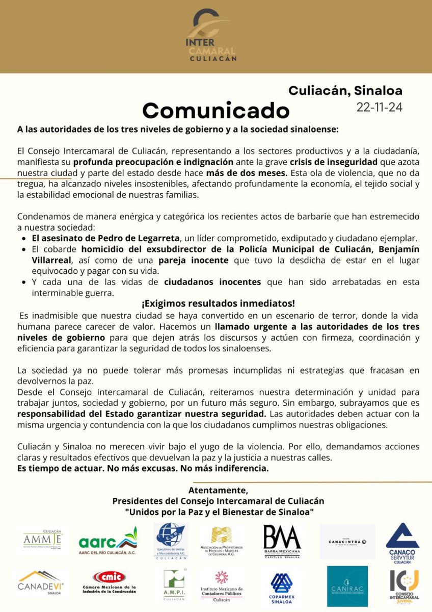 Meganoticiascln's tweet photo. Organismos empresariales condenan la ola de violencia en Sinaloa. https://t.co/zPa34yqfyh