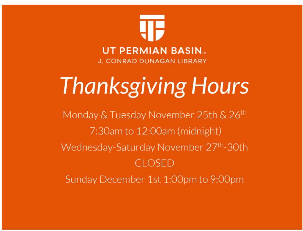 UTPBFALCONLIB's tweet photo. Hi, Falcons!
Here are our upcoming Thanksgiving Week hours! Enjoy the break!
#UTPBLibrary #ThanksgivingHours https://t.co/z4298HHWjW