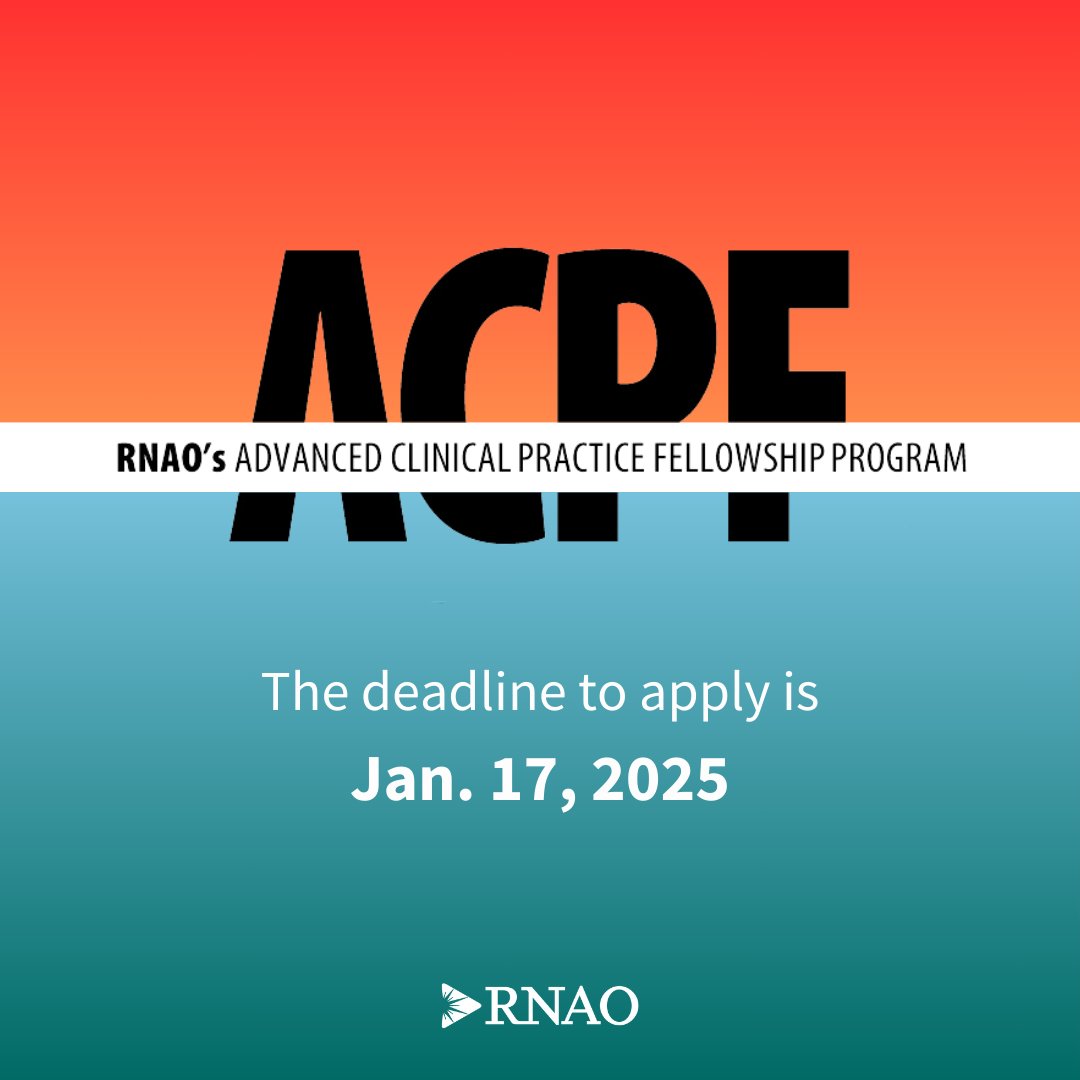 📢Are you #RN or #NP looking for an opportunity to develop your knowledge, skills &amp; expertise while improving client care &amp; health outcomes in Ontario?

Then apply for RNAO's #ACPF fellowship today.

Apply before the Jan. 17 deadline: RNAO.ca/ACPF

<a href="/DorisGrinspun/">Dr. Doris Grinspun 🇨🇦 RN, PhD, FAAN, O.ONT</a>